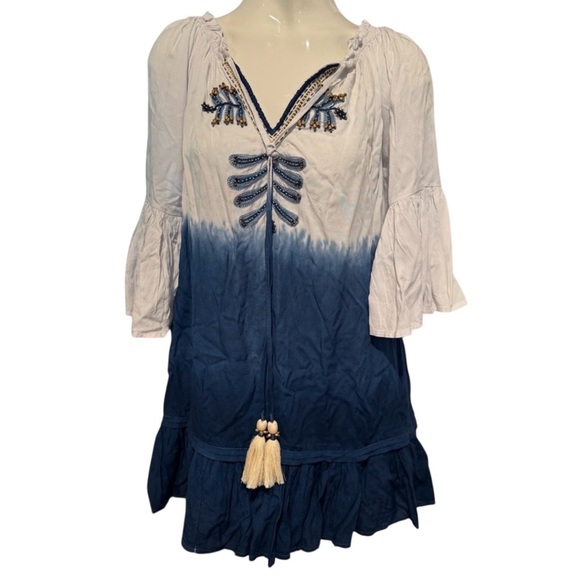 Boheme Dresses & Skirts - Bohemian Blue & White Cover Up Tunic Size Xs perfect for summer tassels on front